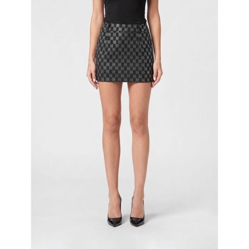 Philipp Plein Jersey Pencil Mini Skirt With Hexagon Rhinestone Logo